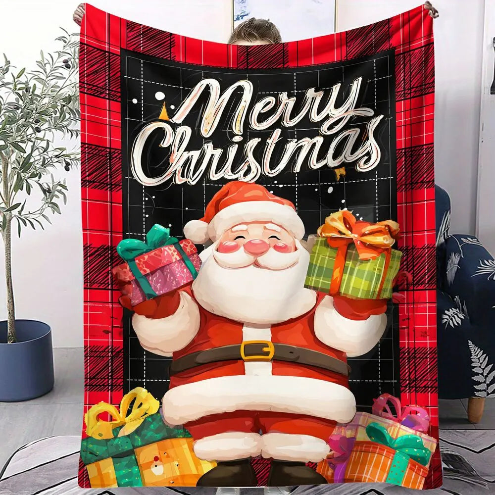 Festive Santa Plaid Merry Christmas Red Black Pattern Multipurpose Throw Blanket