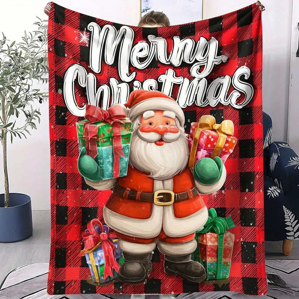 Festive Santa Plaid Merry Christmas Red Black Pattern Multipurpose Throw Blanket