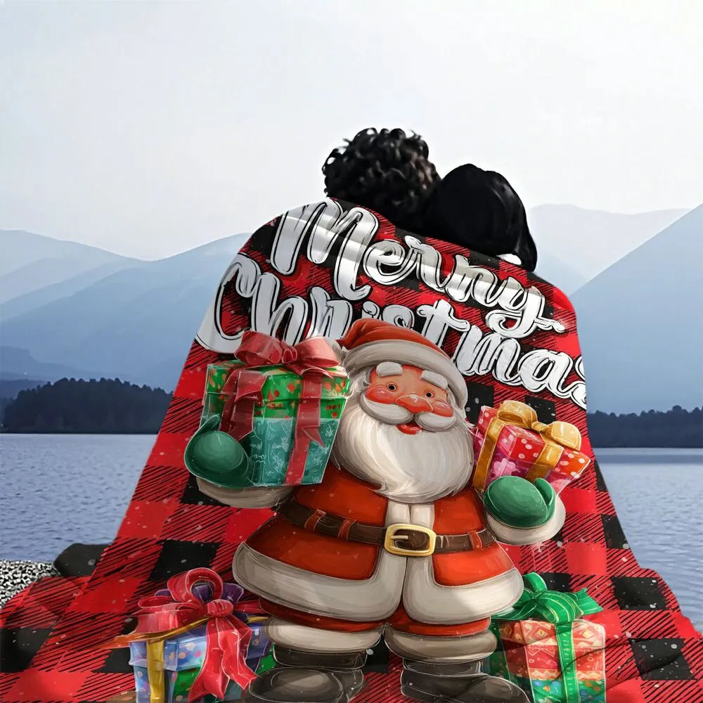 Festive Santa Plaid Merry Christmas Red Black Pattern Multipurpose Throw Blanket