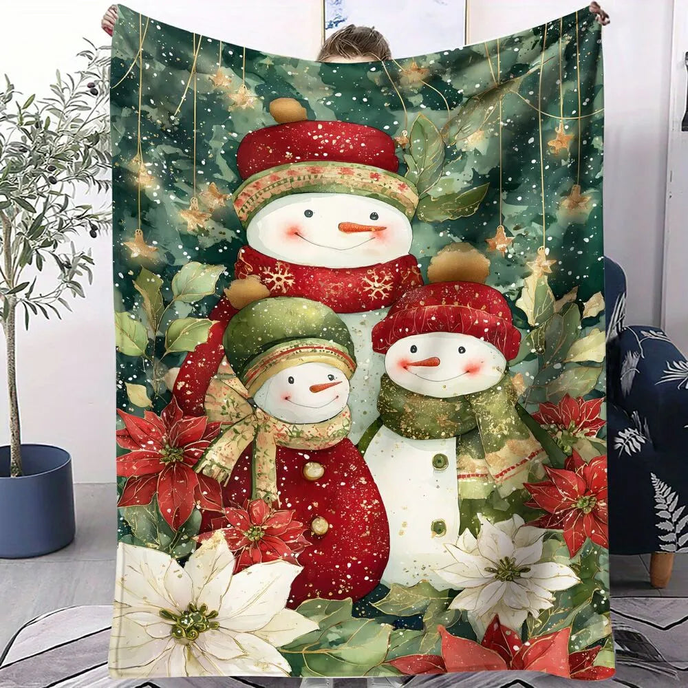 Festive Snowman Family Poinsettia Christmas Green Pattern Multipurpose Throw Blanket