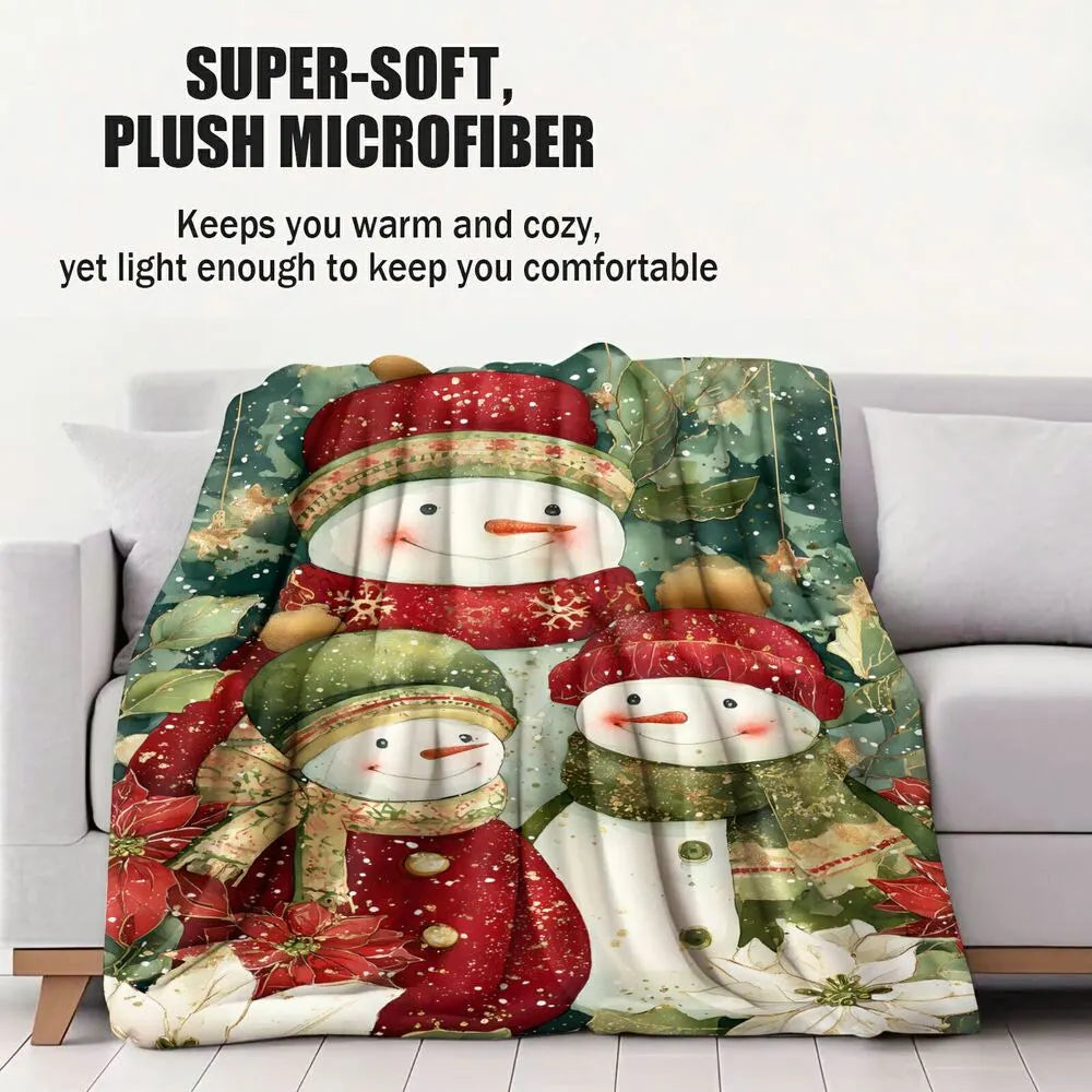 Festive Snowman Family Poinsettia Christmas Green Pattern Multipurpose Throw Blanket
