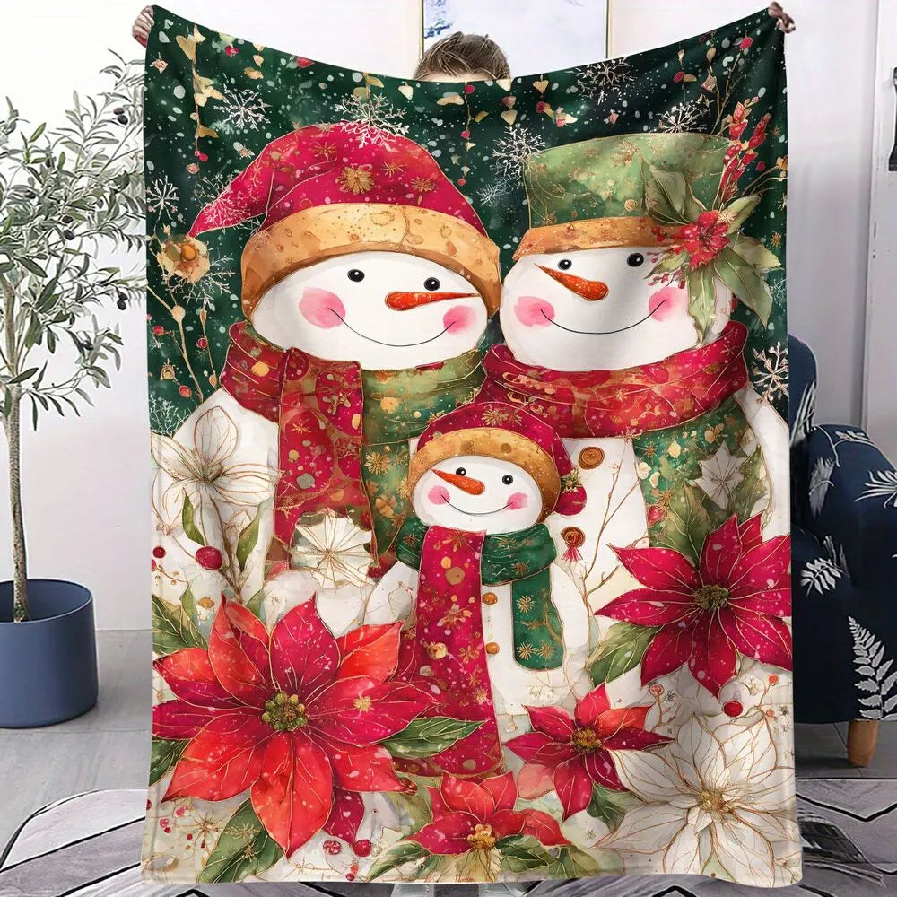 Festive Snowman Family Poinsettia Christmas Pattern Multipurpose Throw Blanket