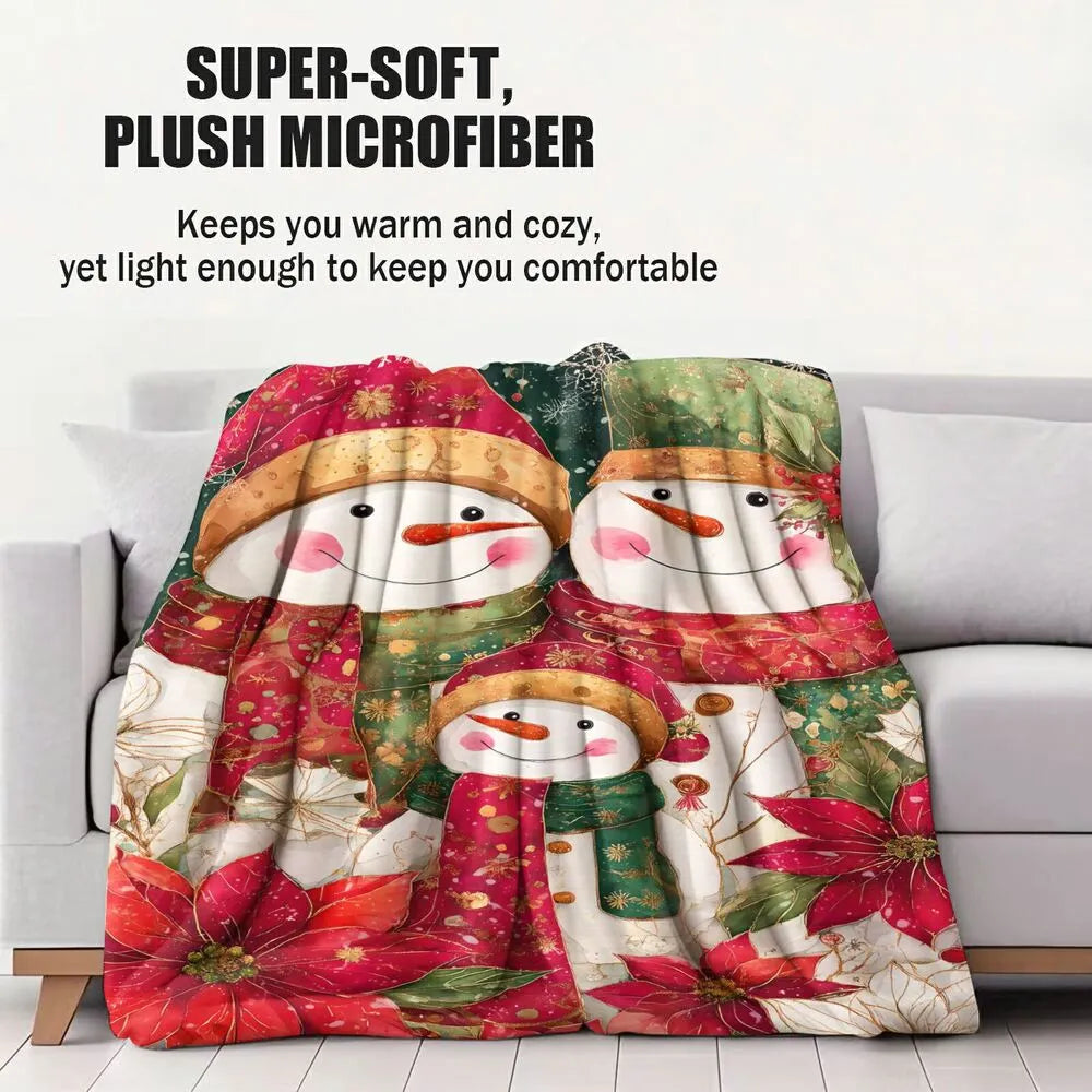 Festive Snowman Family Poinsettia Christmas Pattern Multipurpose Throw Blanket