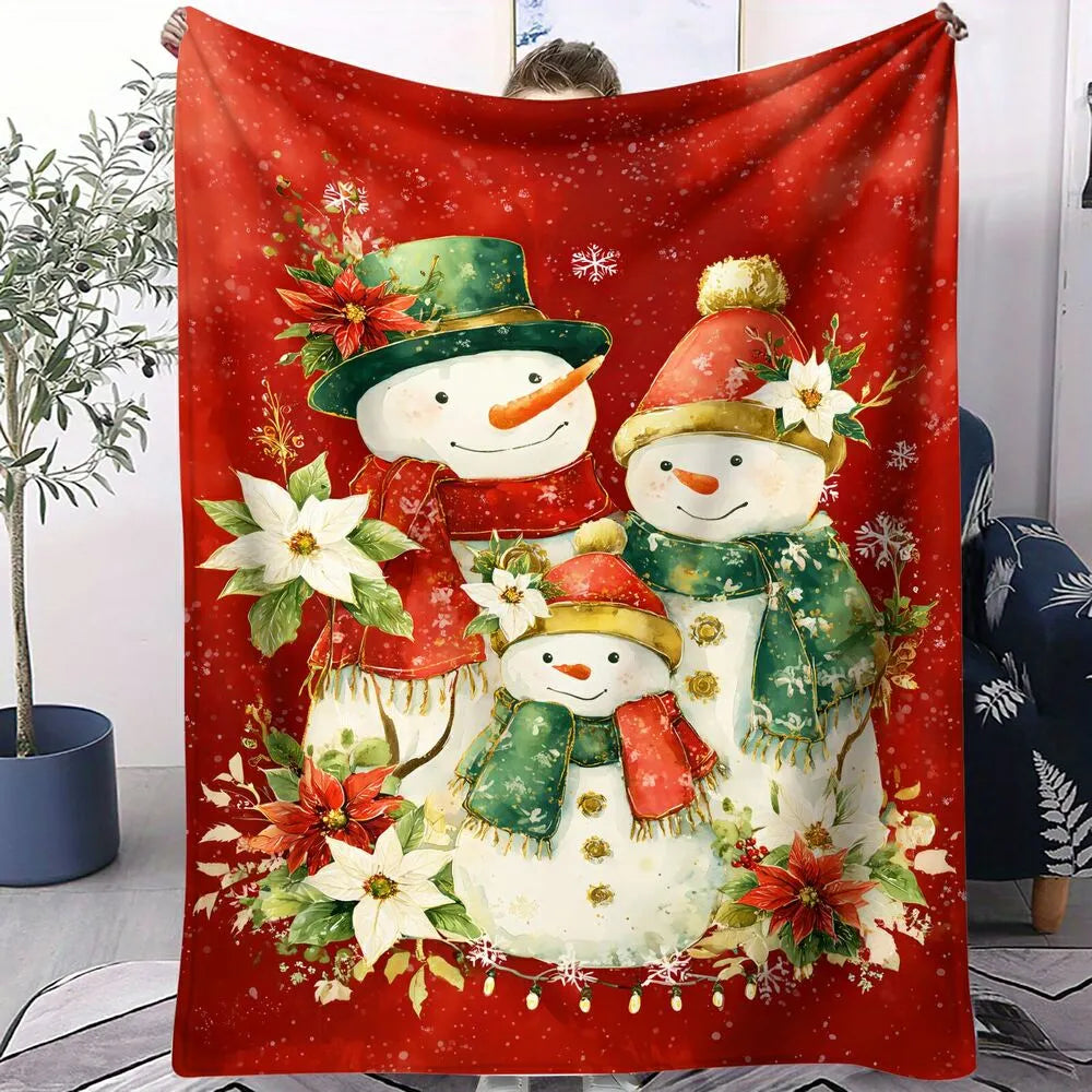 Festive Snowman Family Poinsettia Christmas Red Pattern Multipurpose Throw Blanket