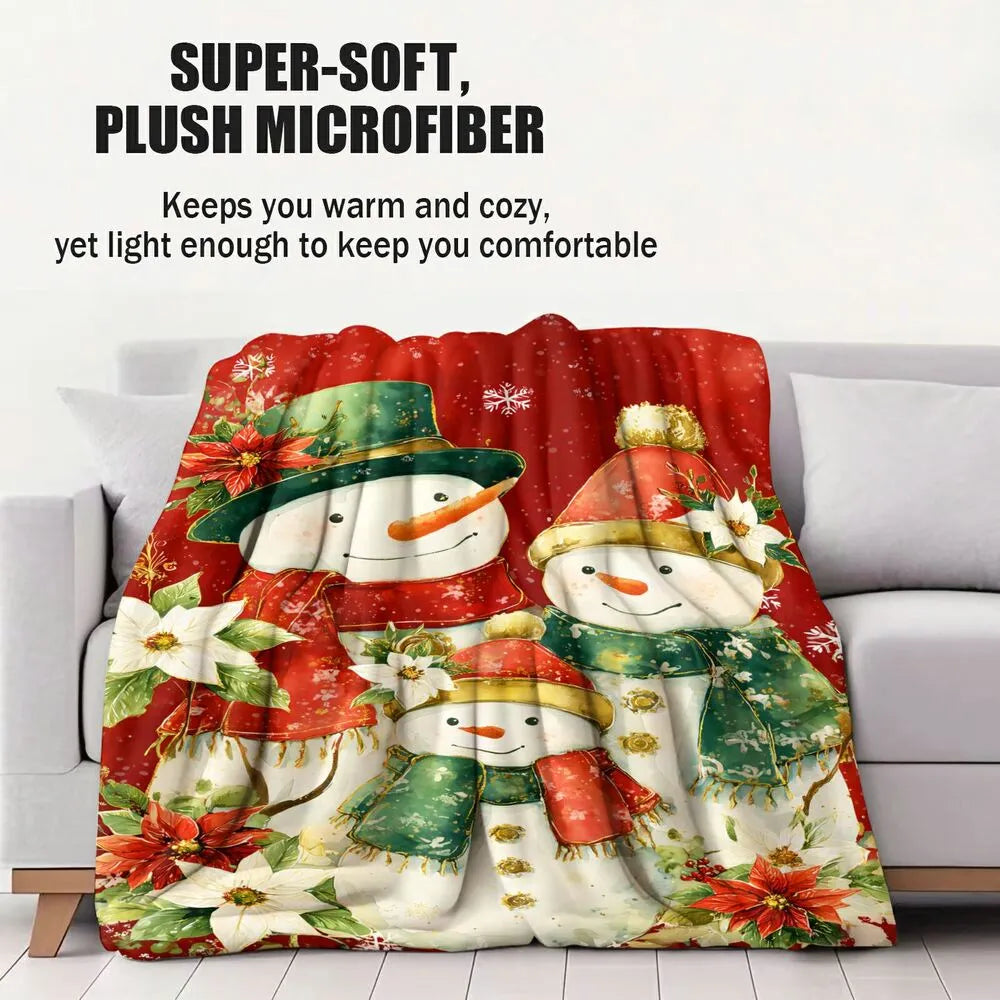 Festive Snowman Family Poinsettia Christmas Red Pattern Multipurpose Throw Blanket