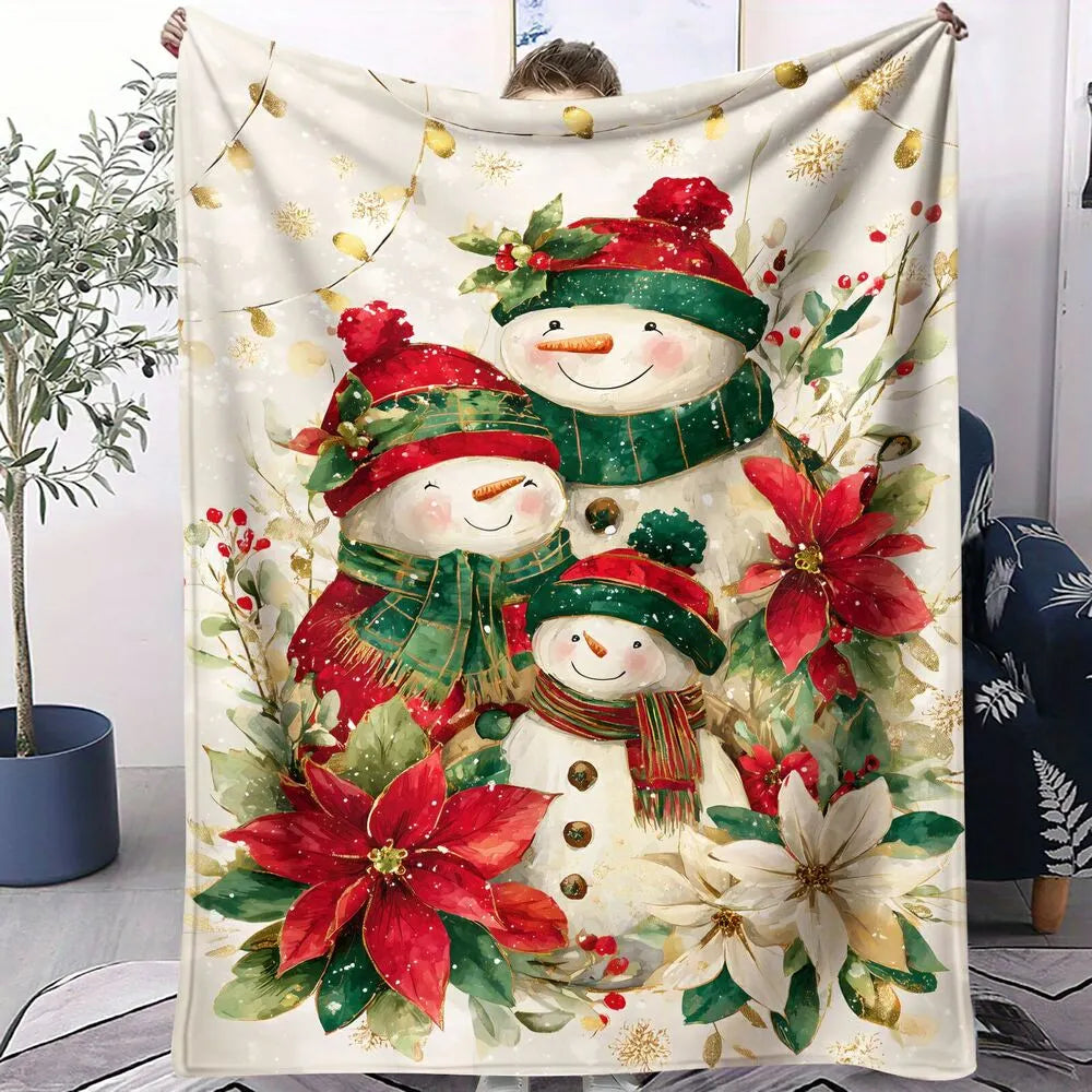 Festive Snowman Family Poinsettia Christmas White Pattern Multipurpose Throw Blanket