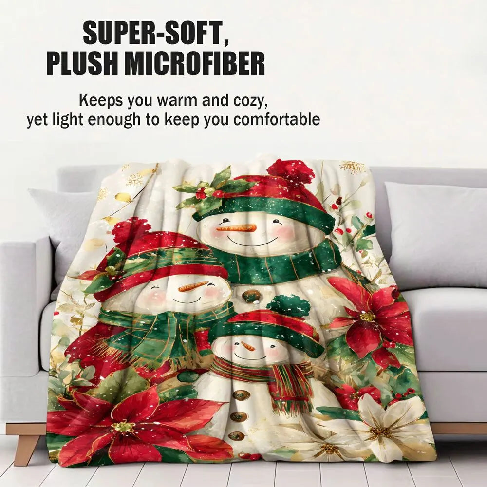 Festive Snowman Family Poinsettia Christmas White Pattern Multipurpose Throw Blanket