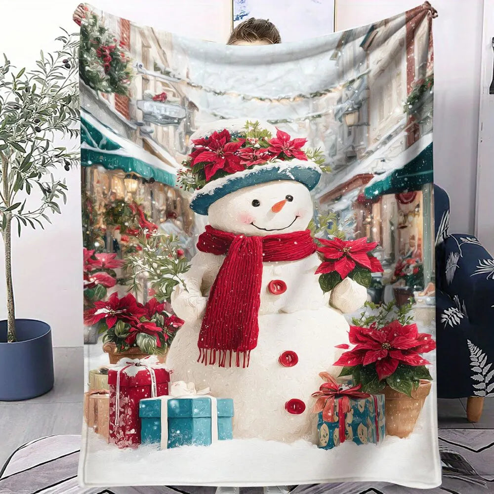 Festive Snowman Poinsettia Christmas Gift White Pattern Multipurpose Throw Blanket