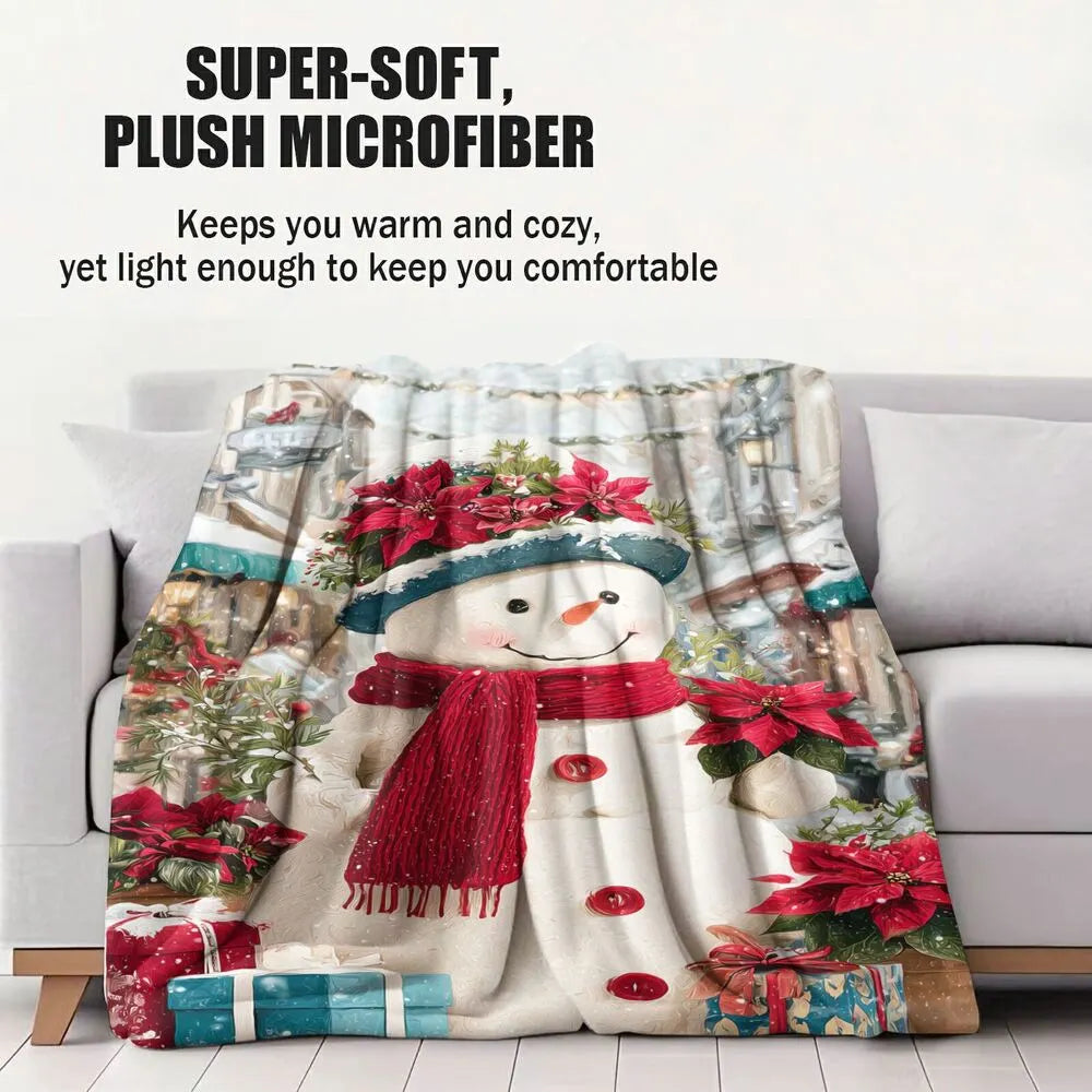 Festive Snowman Poinsettia Christmas Gift White Pattern Multipurpose Throw Blanket