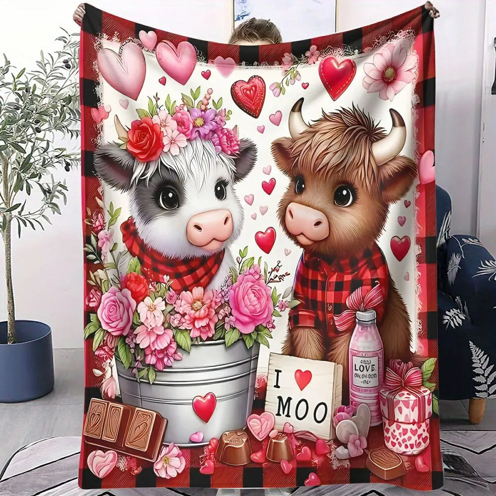 Festive Valentine Cows I Love Moo Pattern Multipurpose Throw Blanket