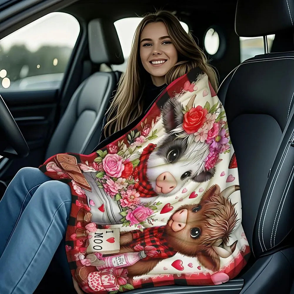 Festive Valentine Cows I Love Moo Pattern Multipurpose Throw Blanket