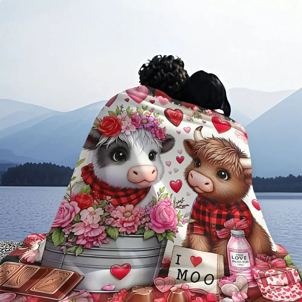 Festive Valentine Cows I Love Moo Pattern Multipurpose Throw Blanket