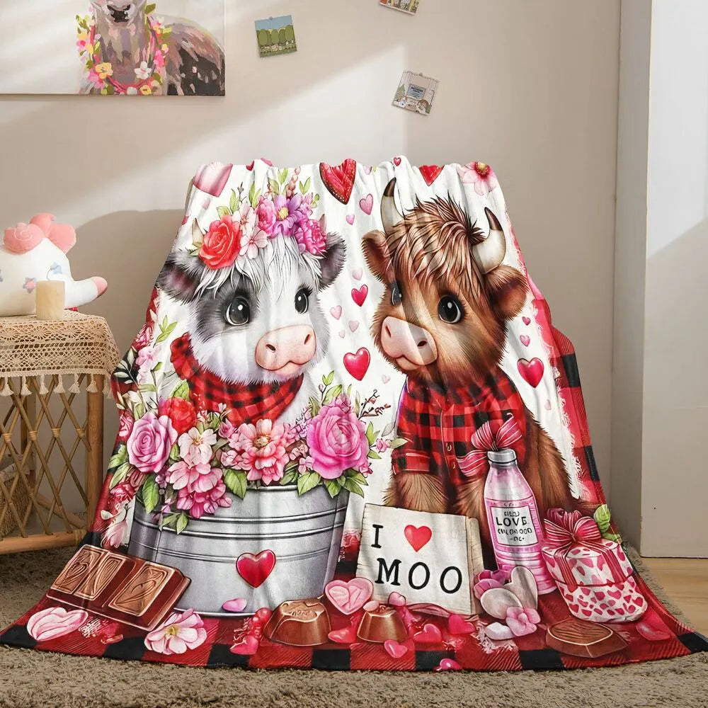 Festive Valentine Cows I Love Moo Pattern Multipurpose Throw Blanket