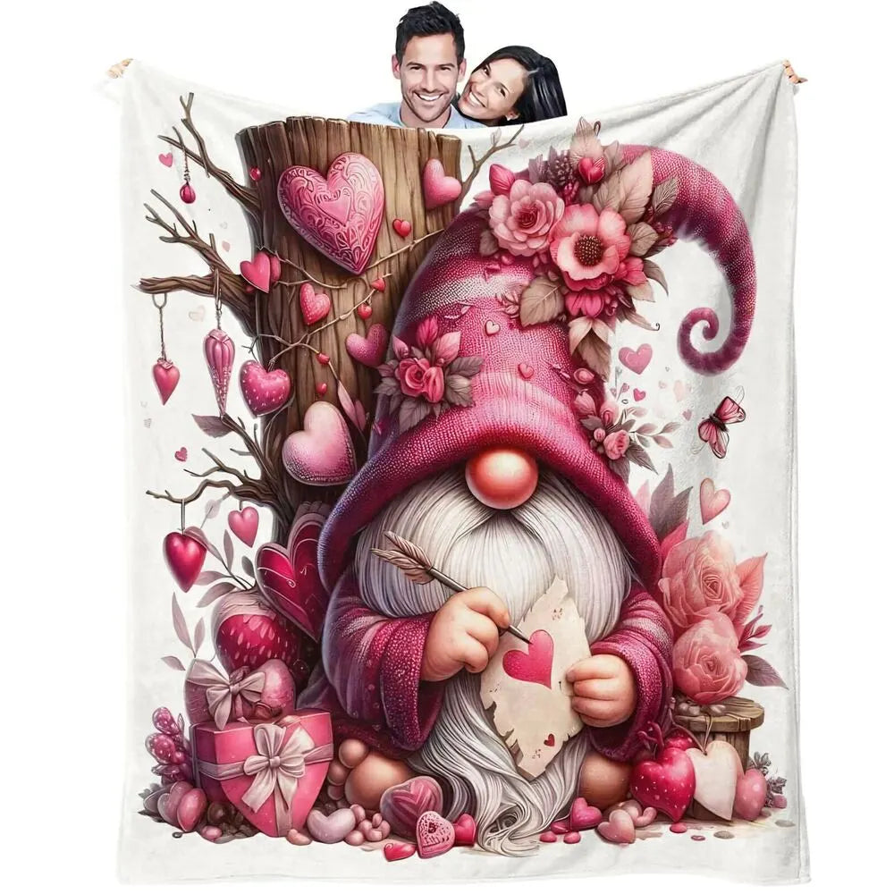 Festive Valentine Gnome Pink Heart Pattern Multipurpose Throw Blanket