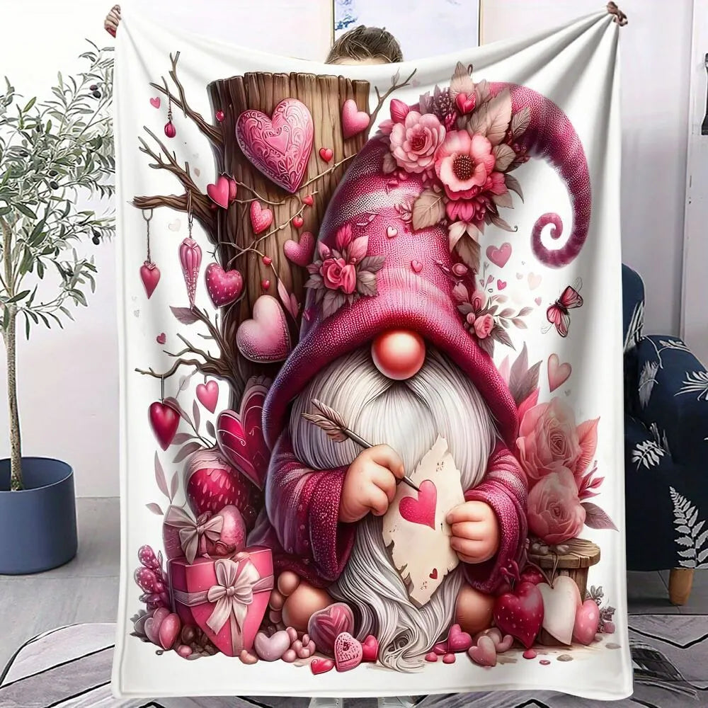 Festive Valentine Gnome Pink Heart Pattern Multipurpose Throw Blanket