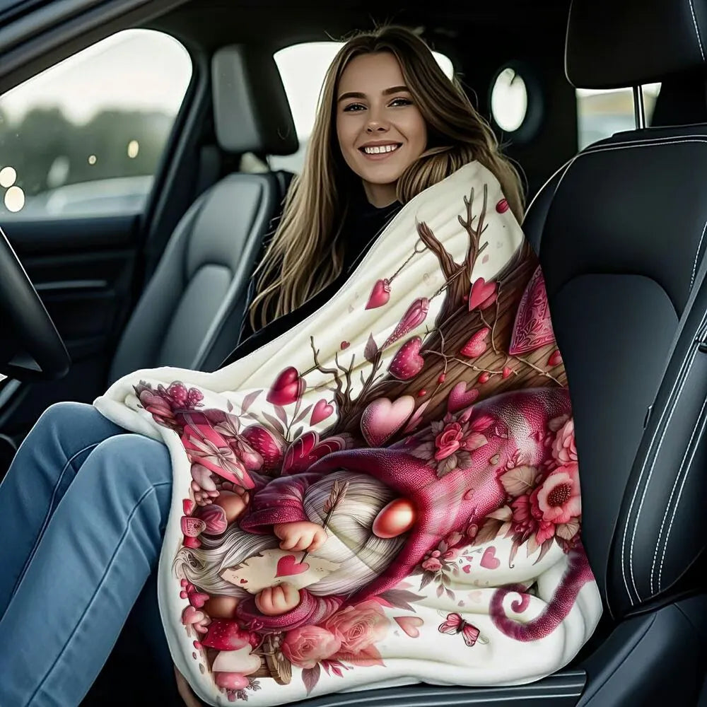 Festive Valentine Gnome Pink Heart Pattern Multipurpose Throw Blanket