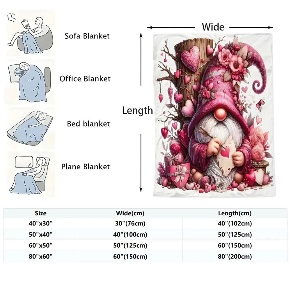 Festive Valentine Gnome Pink Heart Pattern Multipurpose Throw Blanket