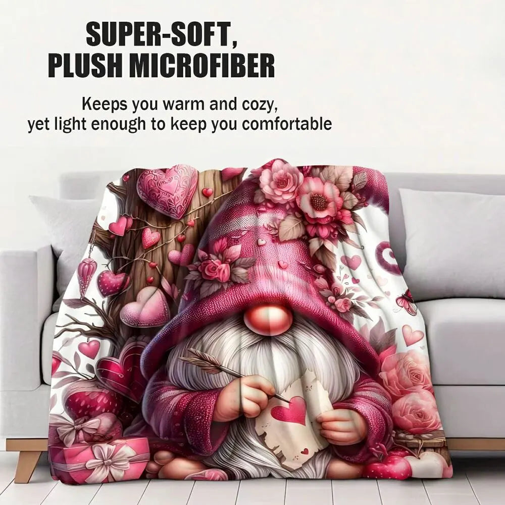 Festive Valentine Gnome Pink Heart Pattern Multipurpose Throw Blanket