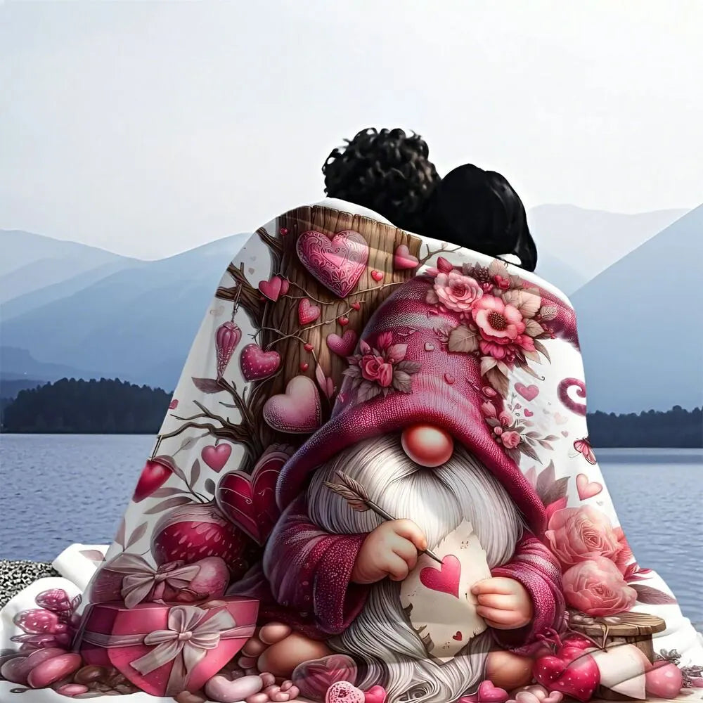 Festive Valentine Gnome Pink Heart Pattern Multipurpose Throw Blanket