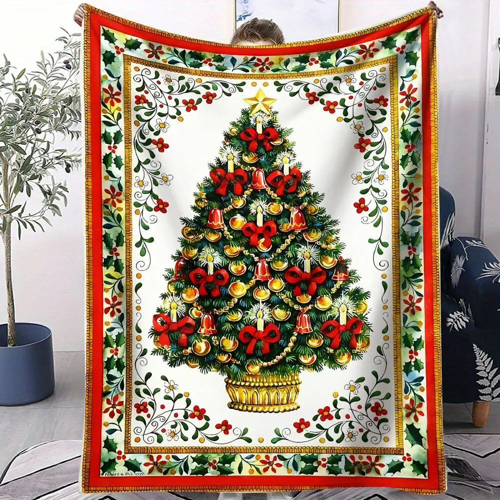 Festive Vintage Christmas Tree Floral Border White Pattern Multipurpose Throw Blanket