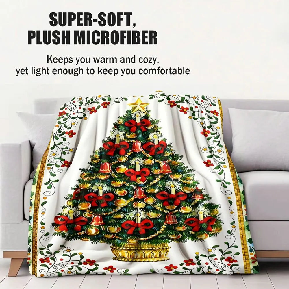 Festive Vintage Christmas Tree Floral Border White Pattern Multipurpose Throw Blanket