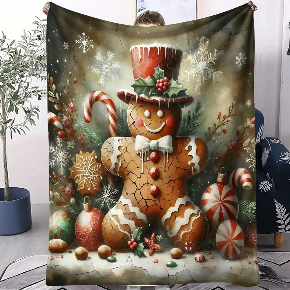Festive Vintage Gingerbread Man Christmas Scene Dark Pattern Multipurpose Throw Blanket