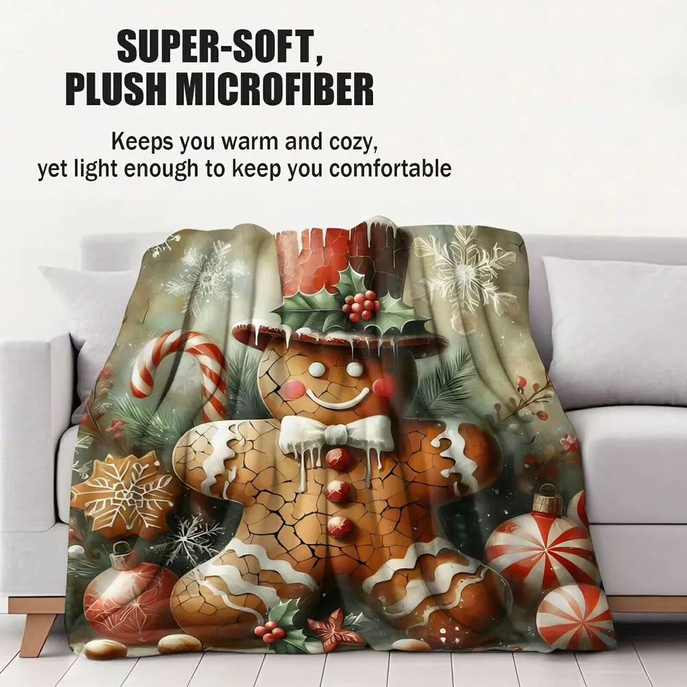 Festive Vintage Gingerbread Man Christmas Scene Dark Pattern Multipurpose Throw Blanket
