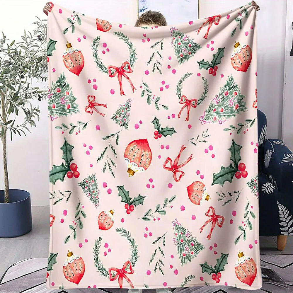 Festive Watercolor Christmas Elements Pink Pattern Multipurpose Throw Blanket