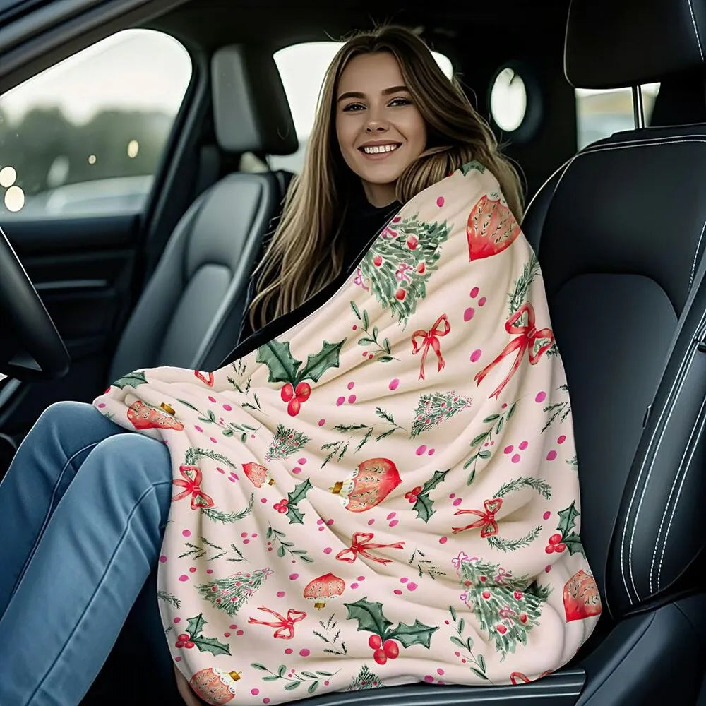 Festive Watercolor Christmas Elements Pink Pattern Multipurpose Throw Blanket