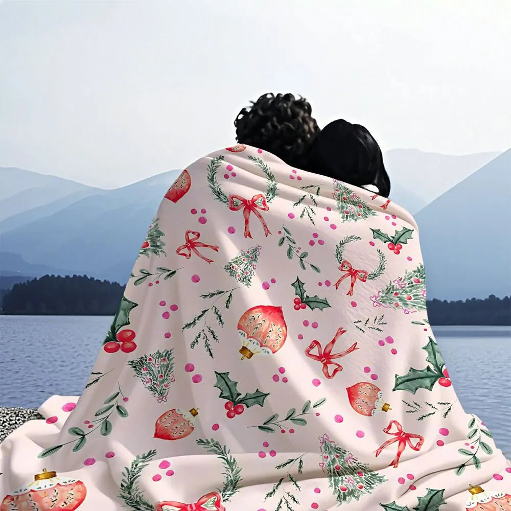 Festive Watercolor Christmas Elements Pink Pattern Multipurpose Throw Blanket