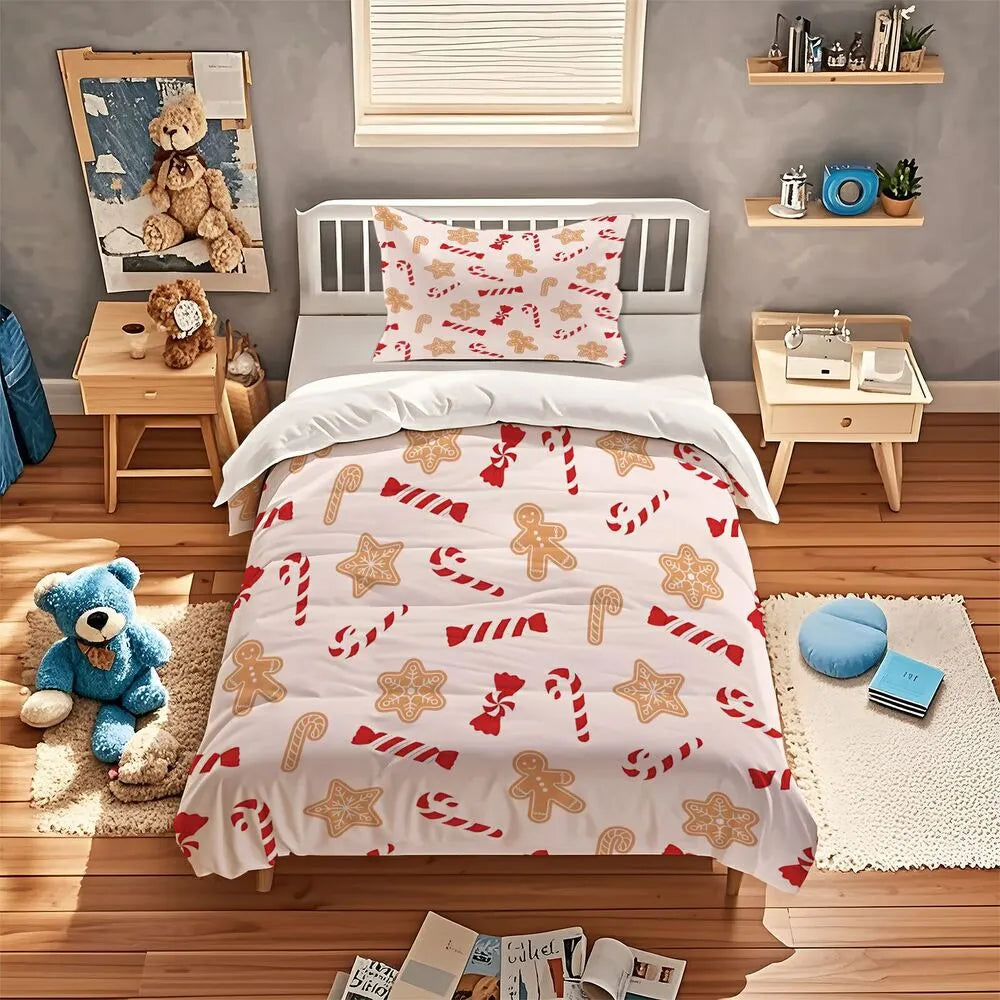 Gingerbread Candy Cane Christmas Gift Duvet Cover Set Kids Bedding Set