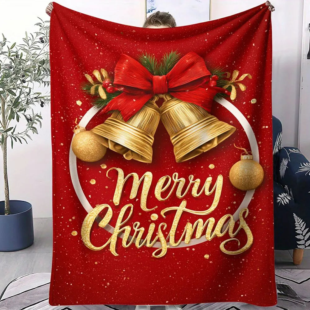 Golden Bells Merry Christmas Red Pattern Multipurpose Throw Blanket