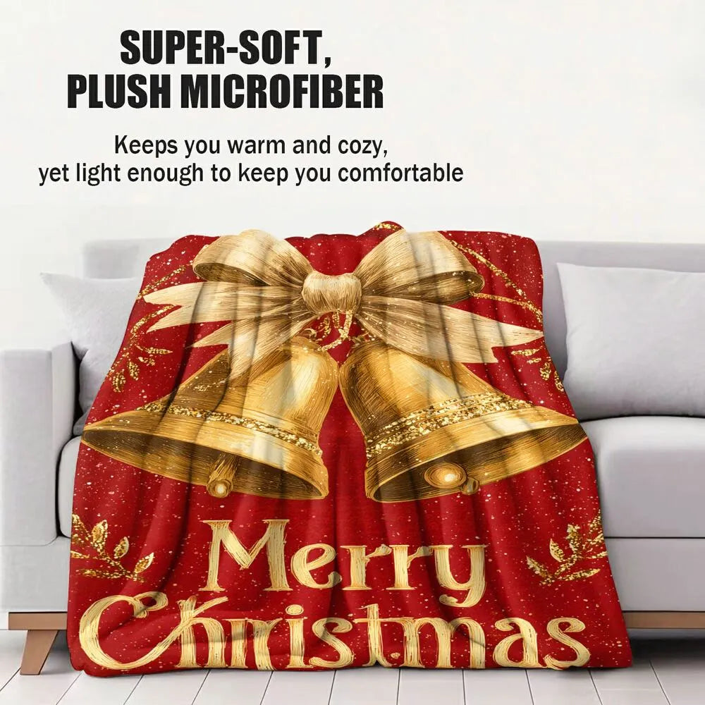 Golden Bells Merry Christmas Red Pattern Multipurpose Throw Blanket