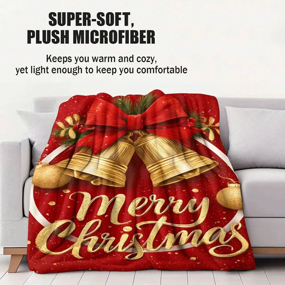 Golden Bells Merry Christmas Red Pattern Multipurpose Throw Blanket