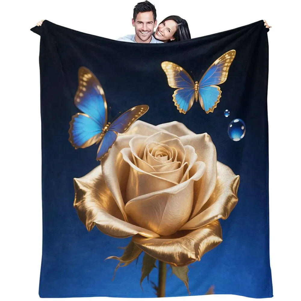 Golden Rose and Blue Butterflies Multipurpose Throw Blanket
