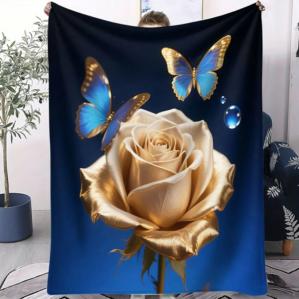 Golden Rose and Blue Butterflies Multipurpose Throw Blanket