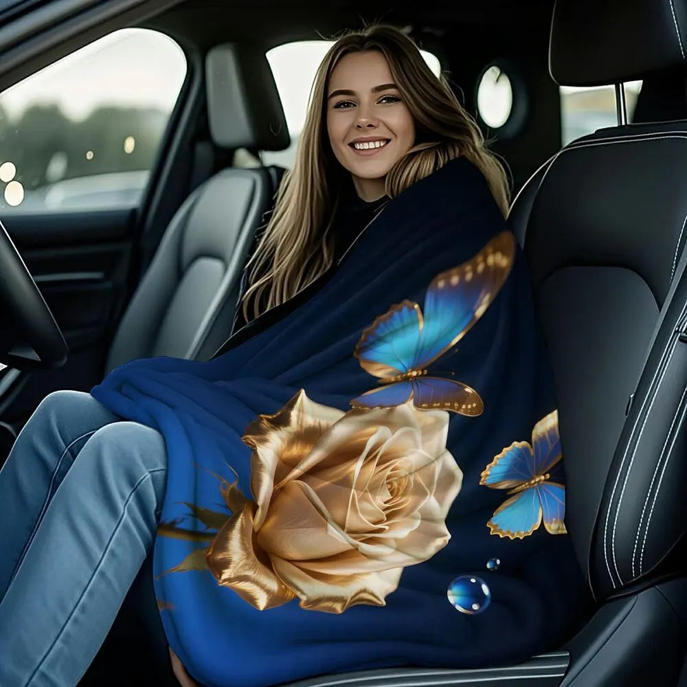 Golden Rose and Blue Butterflies Multipurpose Throw Blanket