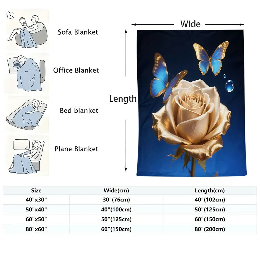 Golden Rose and Blue Butterflies Multipurpose Throw Blanket