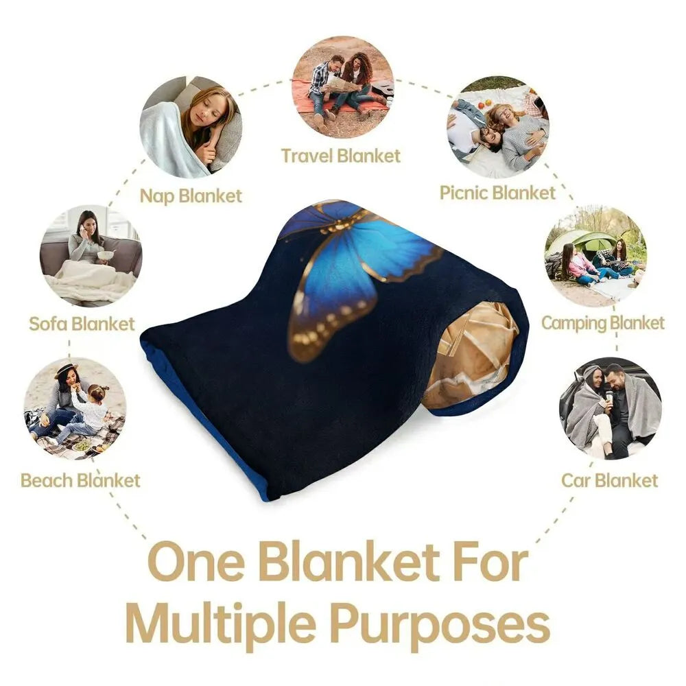 Golden Rose and Blue Butterflies Multipurpose Throw Blanket