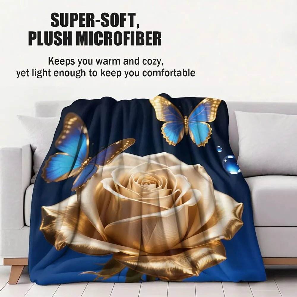 Golden Rose and Blue Butterflies Multipurpose Throw Blanket