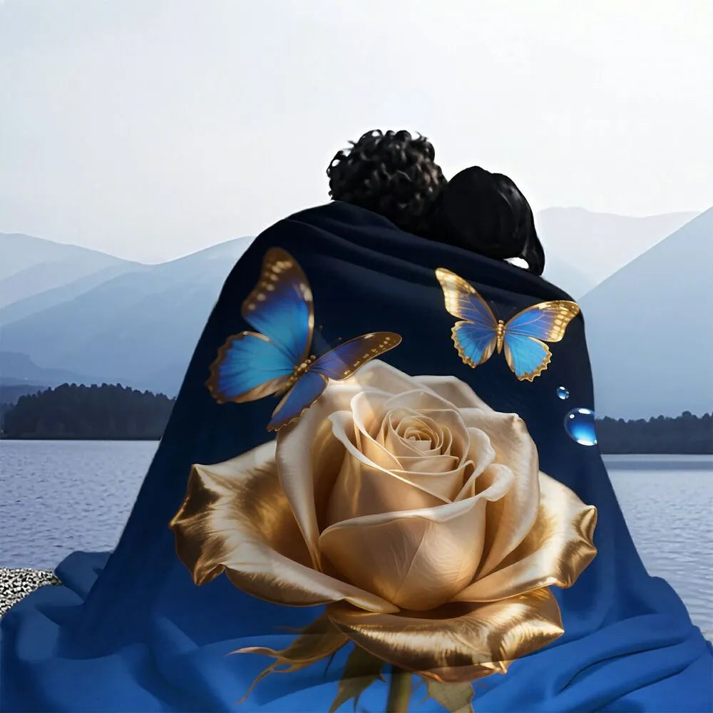 Golden Rose and Blue Butterflies Multipurpose Throw Blanket