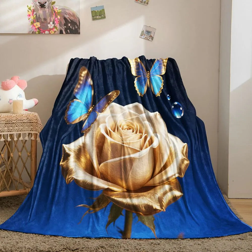 Golden Rose and Blue Butterflies Multipurpose Throw Blanket