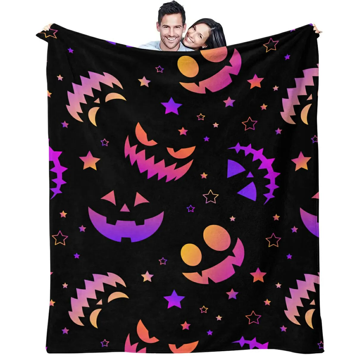 Gradient Halloween Pumpkin Star Flannel Throw Blanket