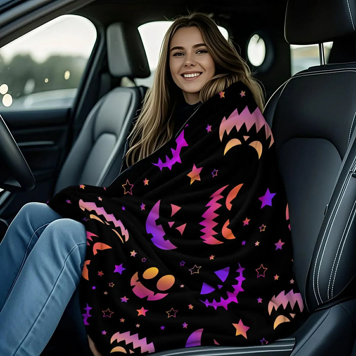 Gradient Halloween Pumpkin Star Flannel Throw Blanket