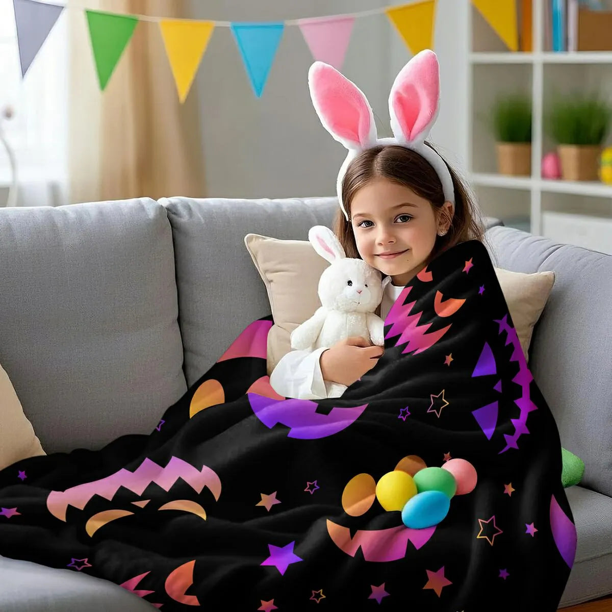 Gradient Halloween Pumpkin Star Flannel Throw Blanket