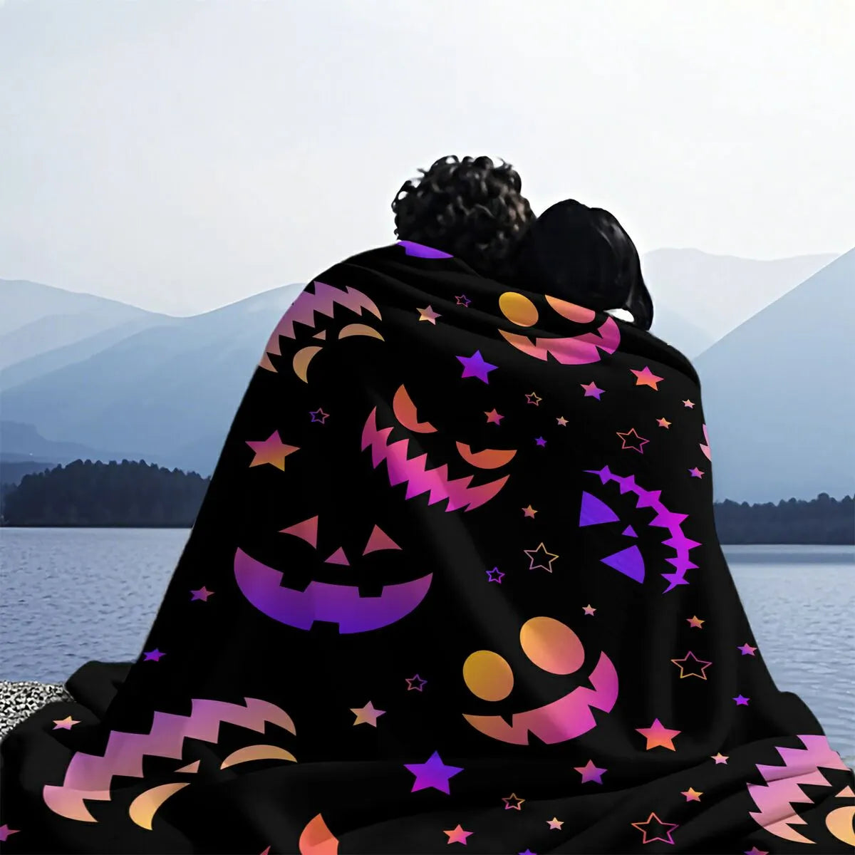 Gradient Halloween Pumpkin Star Flannel Throw Blanket