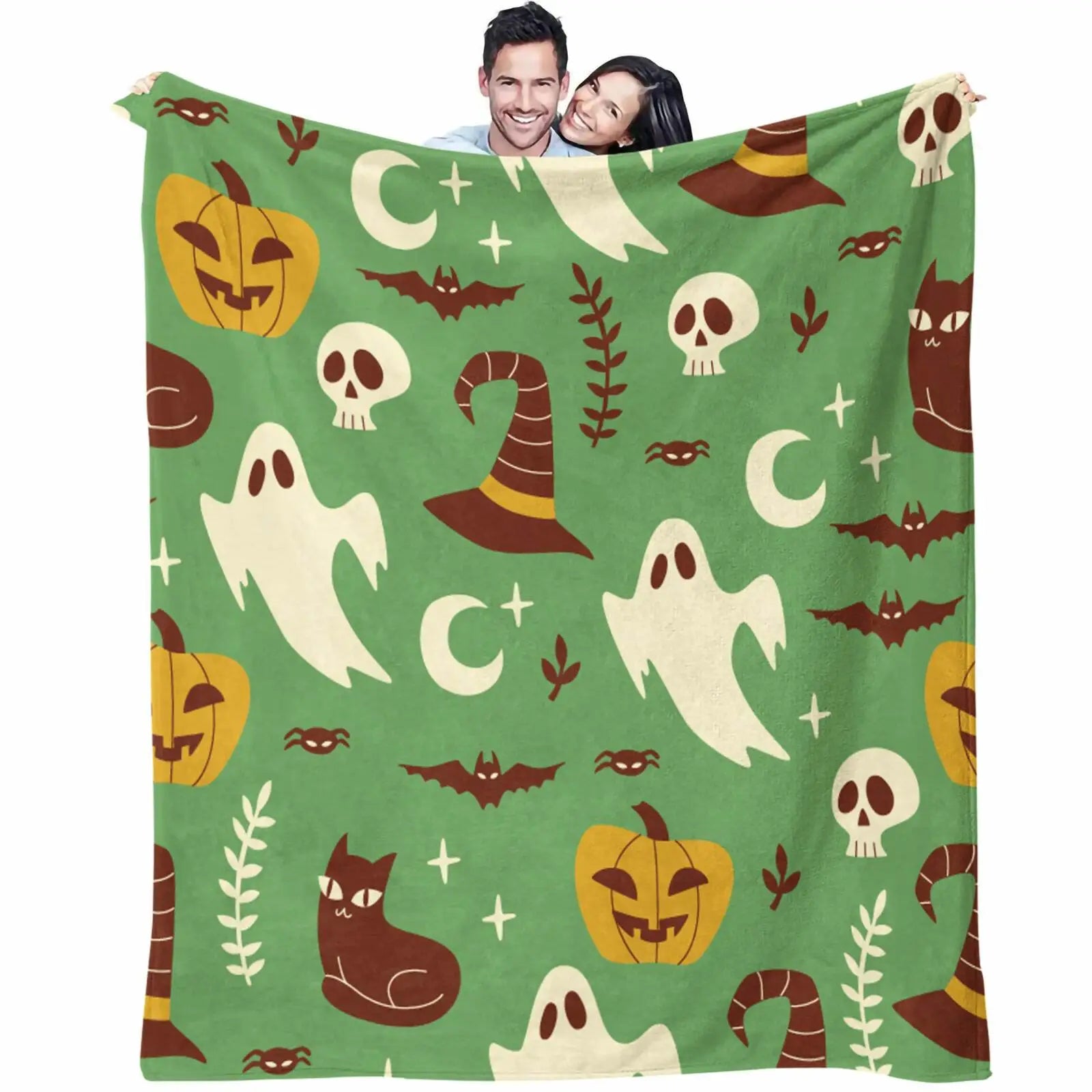 Green Halloween Ghost Pumpkin Throw Blanket