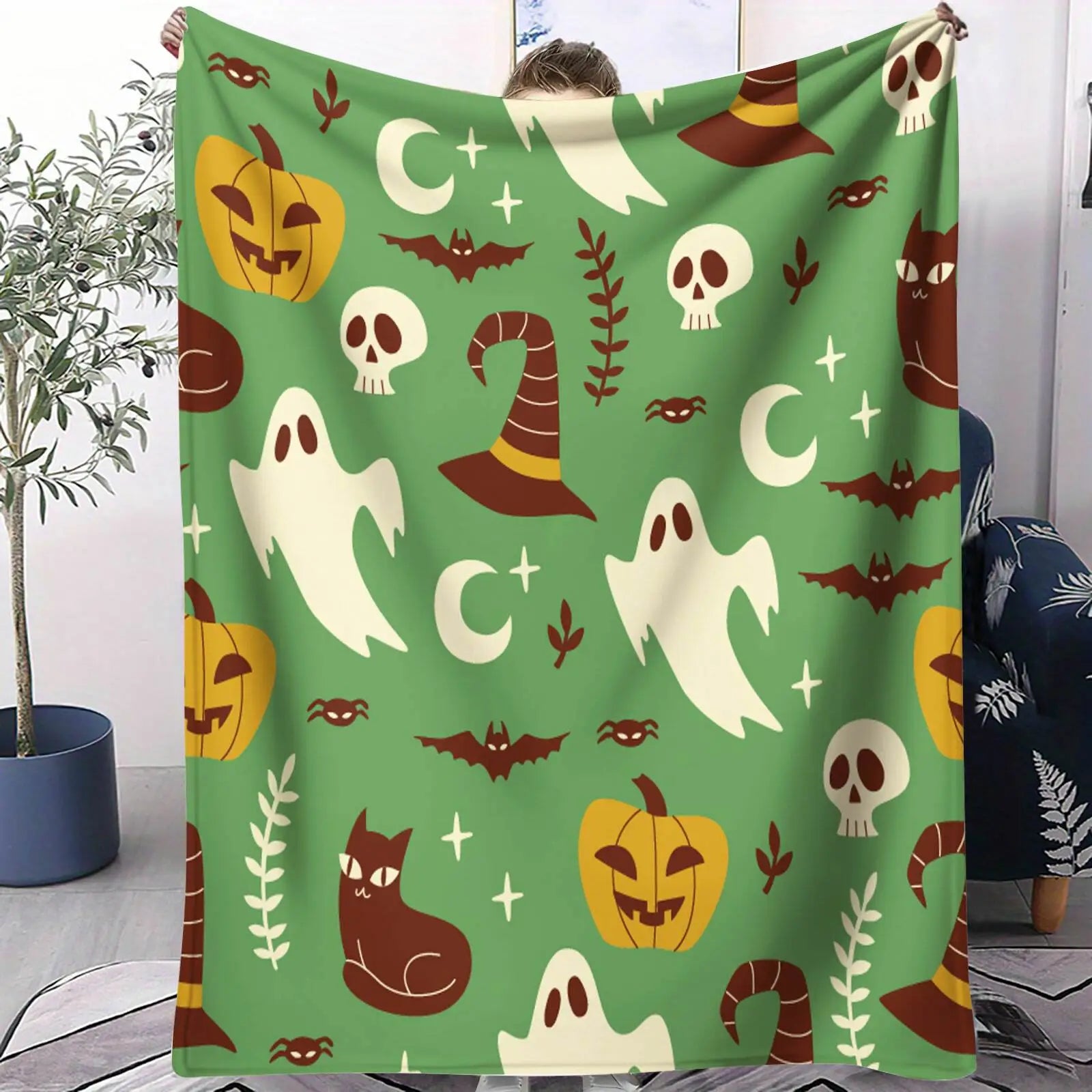 Green Halloween Ghost Pumpkin Throw Blanket