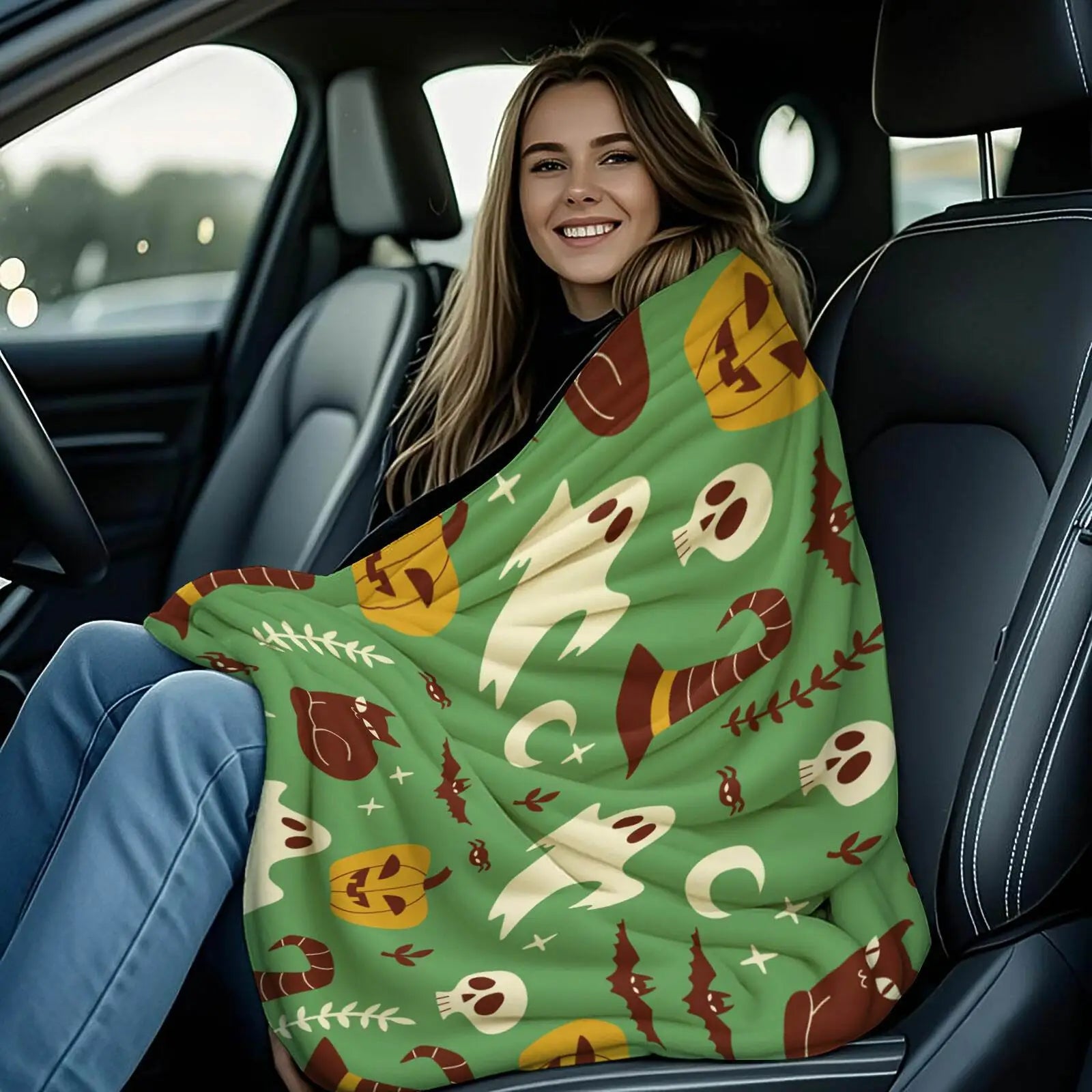 Green Halloween Ghost Pumpkin Throw Blanket