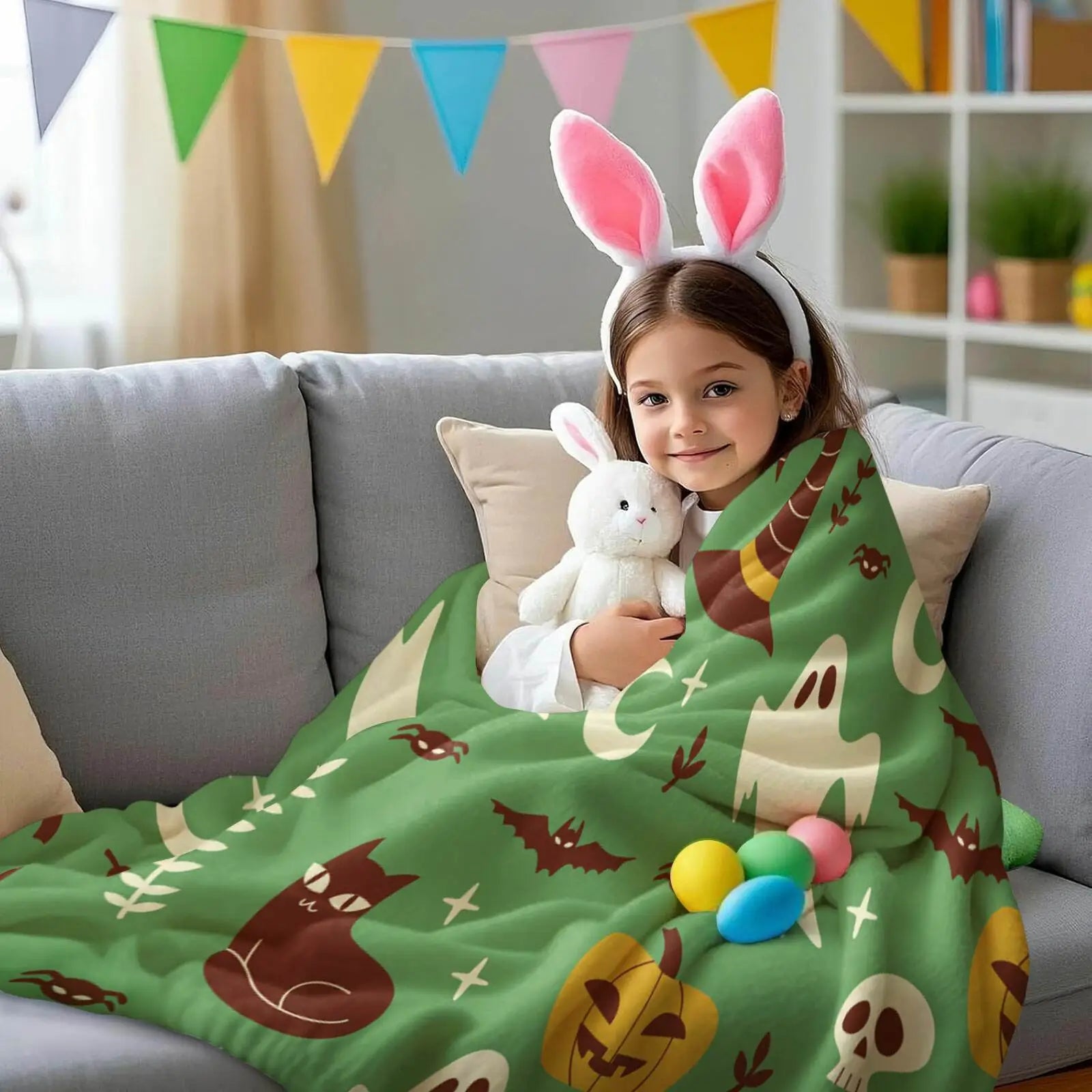 Green Halloween Ghost Pumpkin Throw Blanket